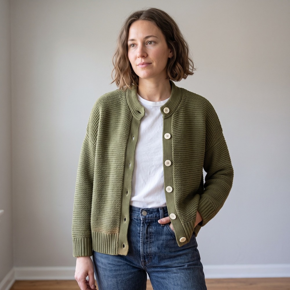 Alex Mill Nico Chunky Cardigan Womens Large Faded Olive Green Sweater FLAWED